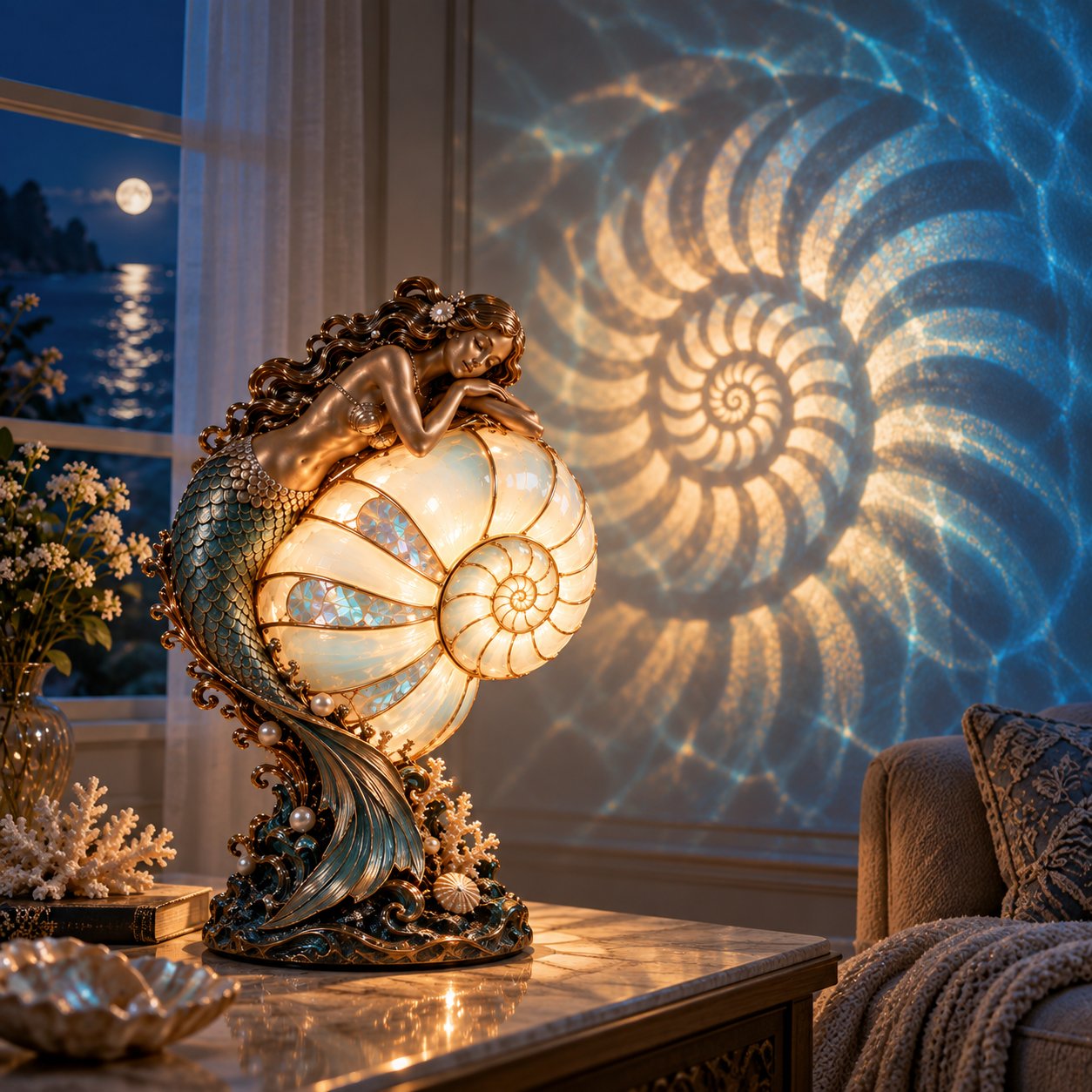 🧜‍♀️ Cast a Magical Ocean Glow! Vintage Mermaid Nautilus Stained Glass Ambient Lamp