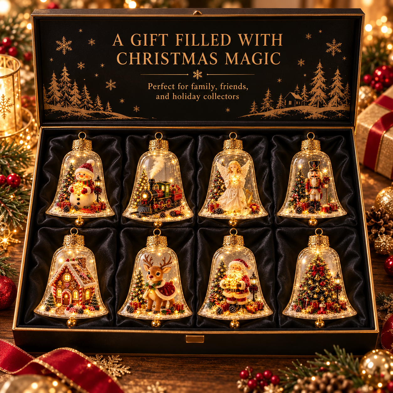 8-Piece Lighted Christmas Diorama Bell Ornament Set