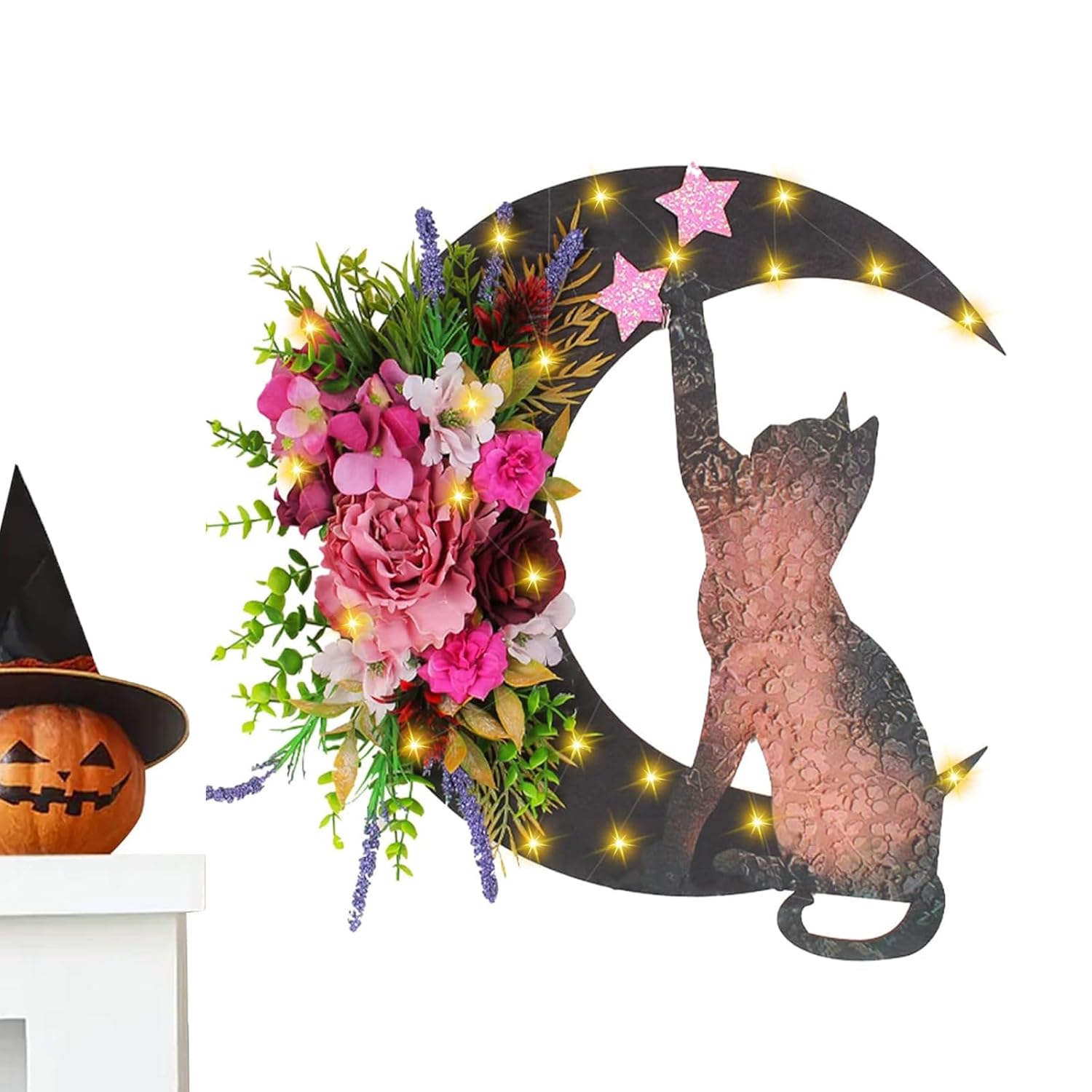 Halloween Front Door Moon Black Cat Rose Wreath With Lights