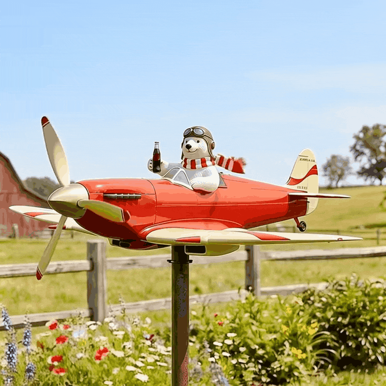🐻✈️ Polar Bear Pilot Airplane Wind Spinner – Whimsical Garden Decor ✨