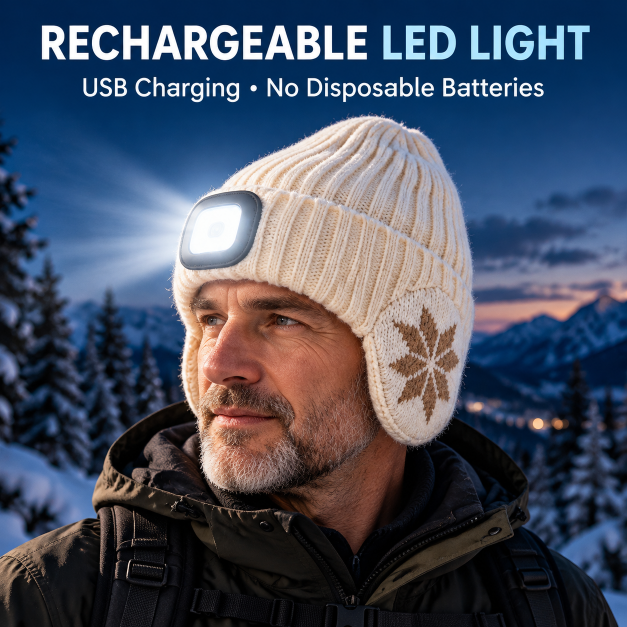 Winter Fleece-Lined LED Beanie with Earflaps – Rechargeable Hands-Free Light