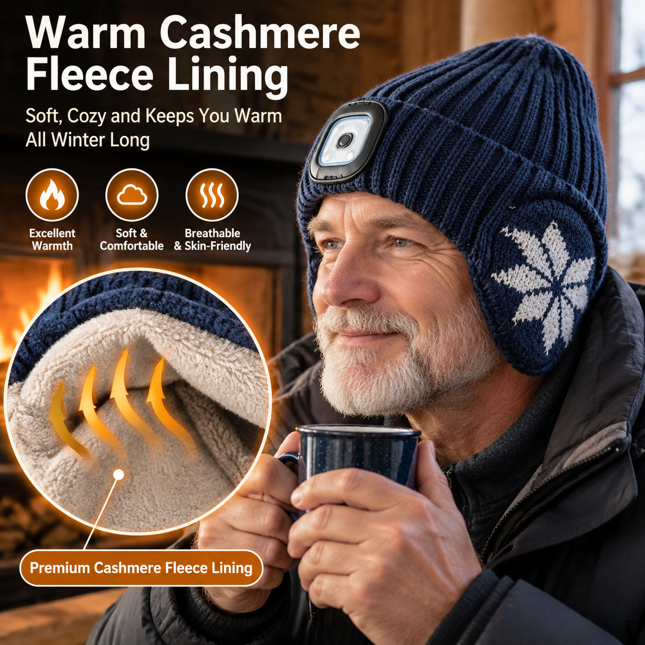 Winter Fleece-Lined LED Beanie with Earflaps – Rechargeable Hands-Free Light