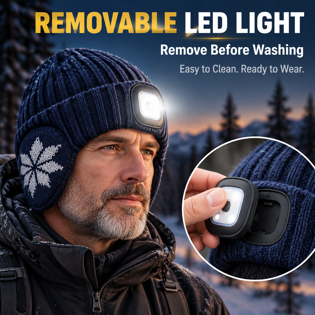 Winter Fleece-Lined LED Beanie with Earflaps – Rechargeable Hands-Free Light