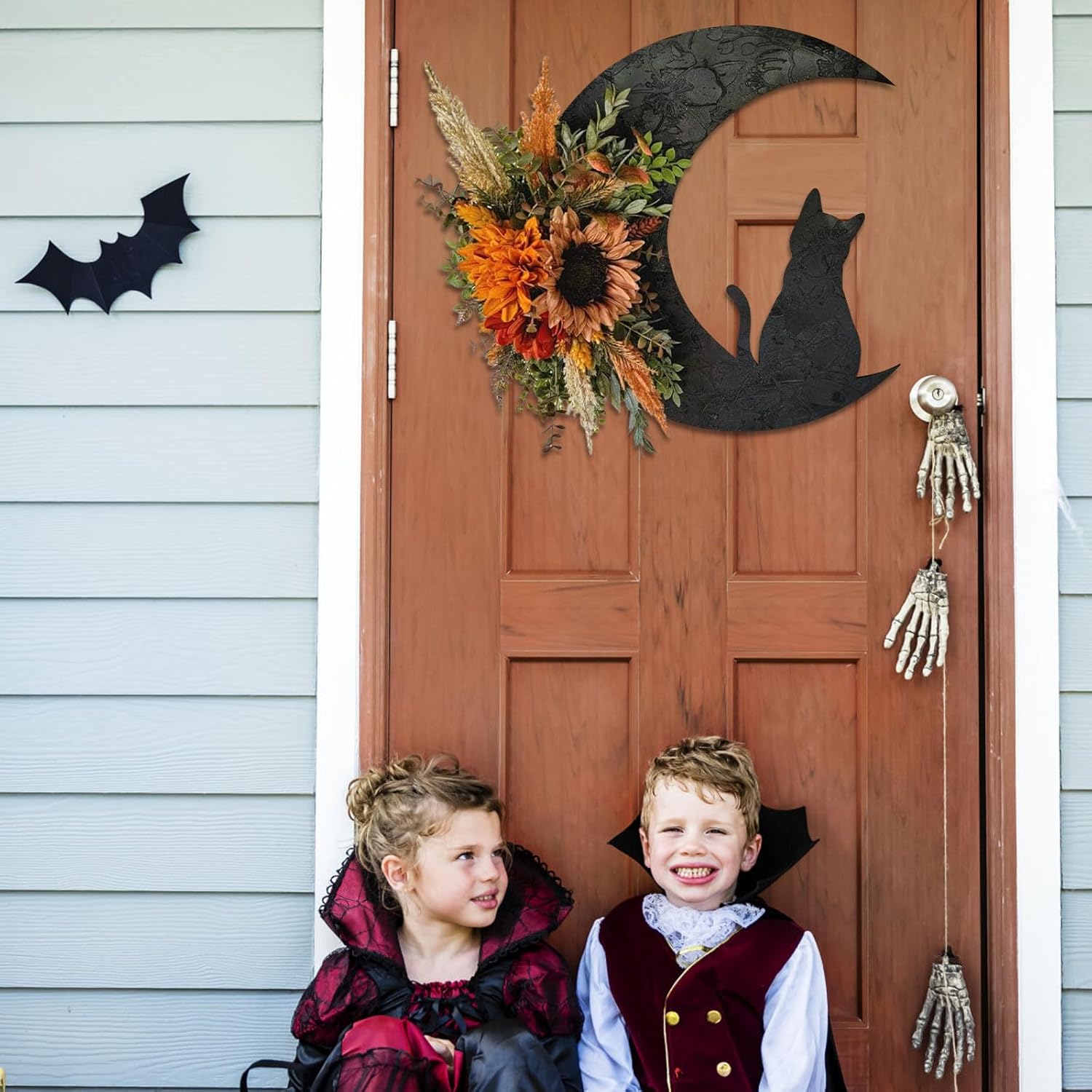 Halloween Front Door Moon Black Cat Rose Wreath With Lights