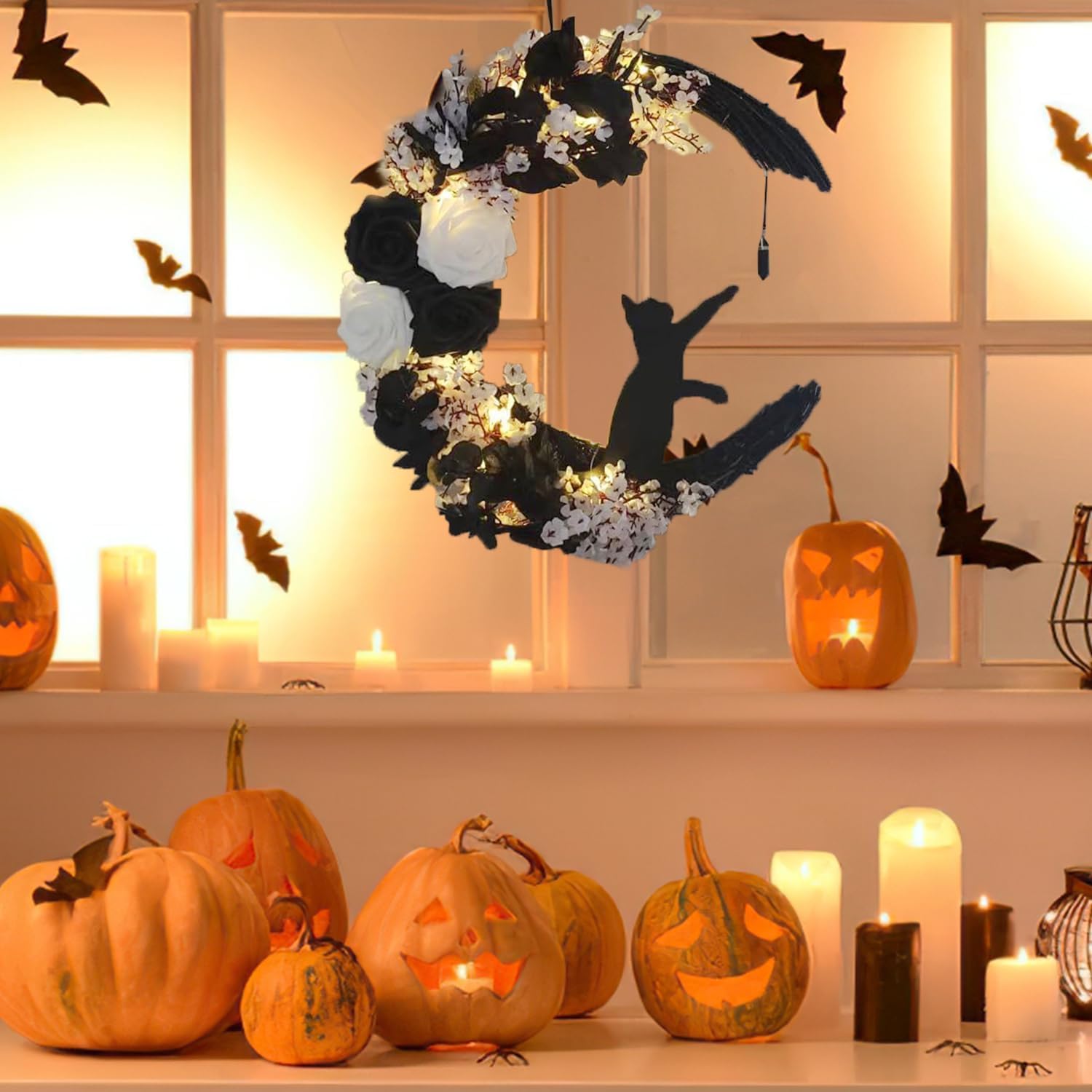 Halloween Front Door Moon Black Cat Rose Wreath With Lights