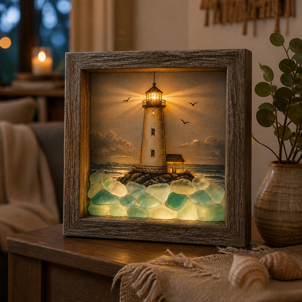Coastal Lighthouse LED Shadow Box Lamp – Sea Glass Style Framed Night Light Décor