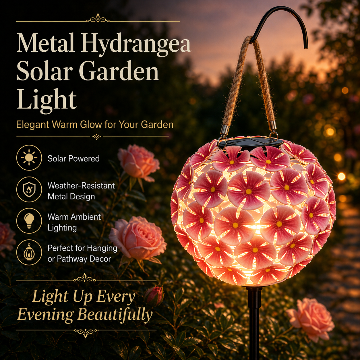 Solar Lantern Pink Metal Flower Ball Light