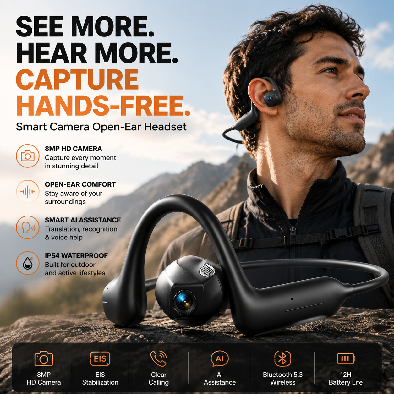 8MP smart camera open-ear headset overview and key features