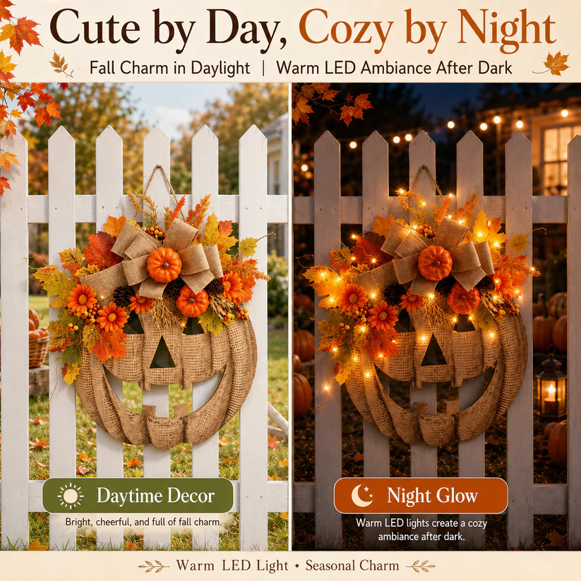 🎃✨ Lighted Burlap Pumpkin Wreath