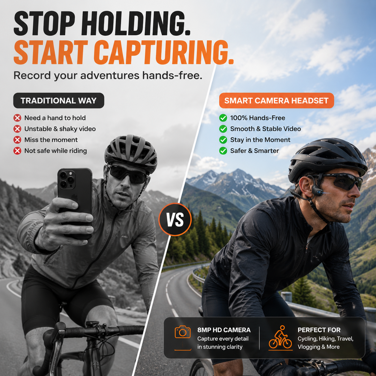 Hands-free point-of-view recording while cycling