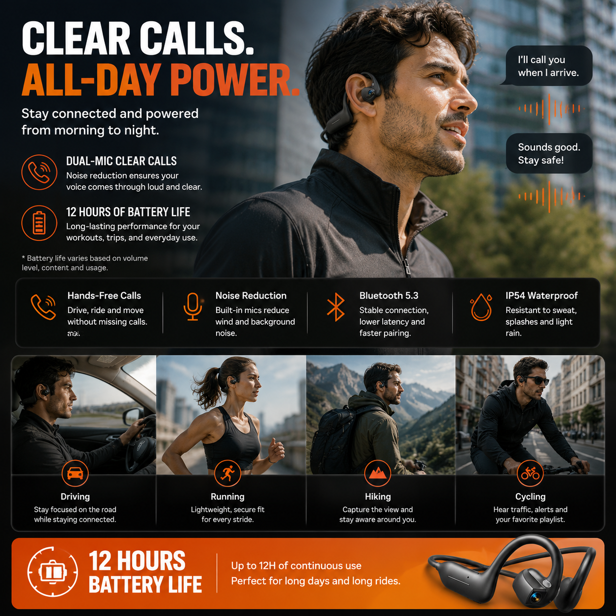 Dual microphone calls and up to twelve-hour battery life