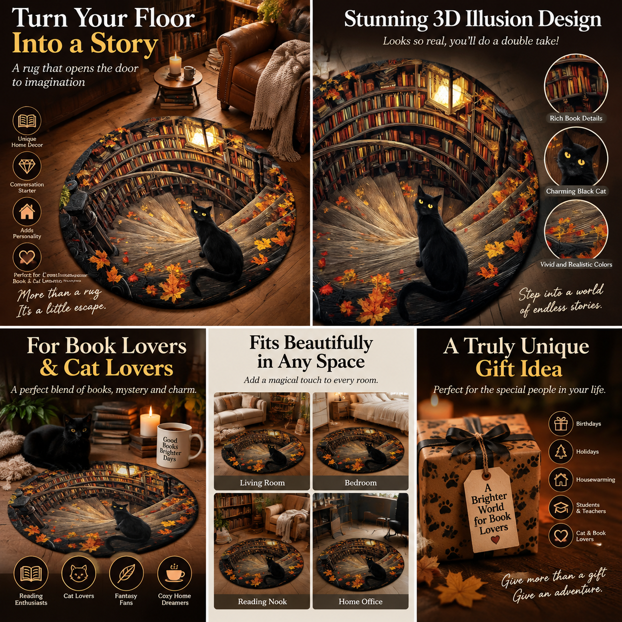 3D Black Cat Secret Library Illusion Rug