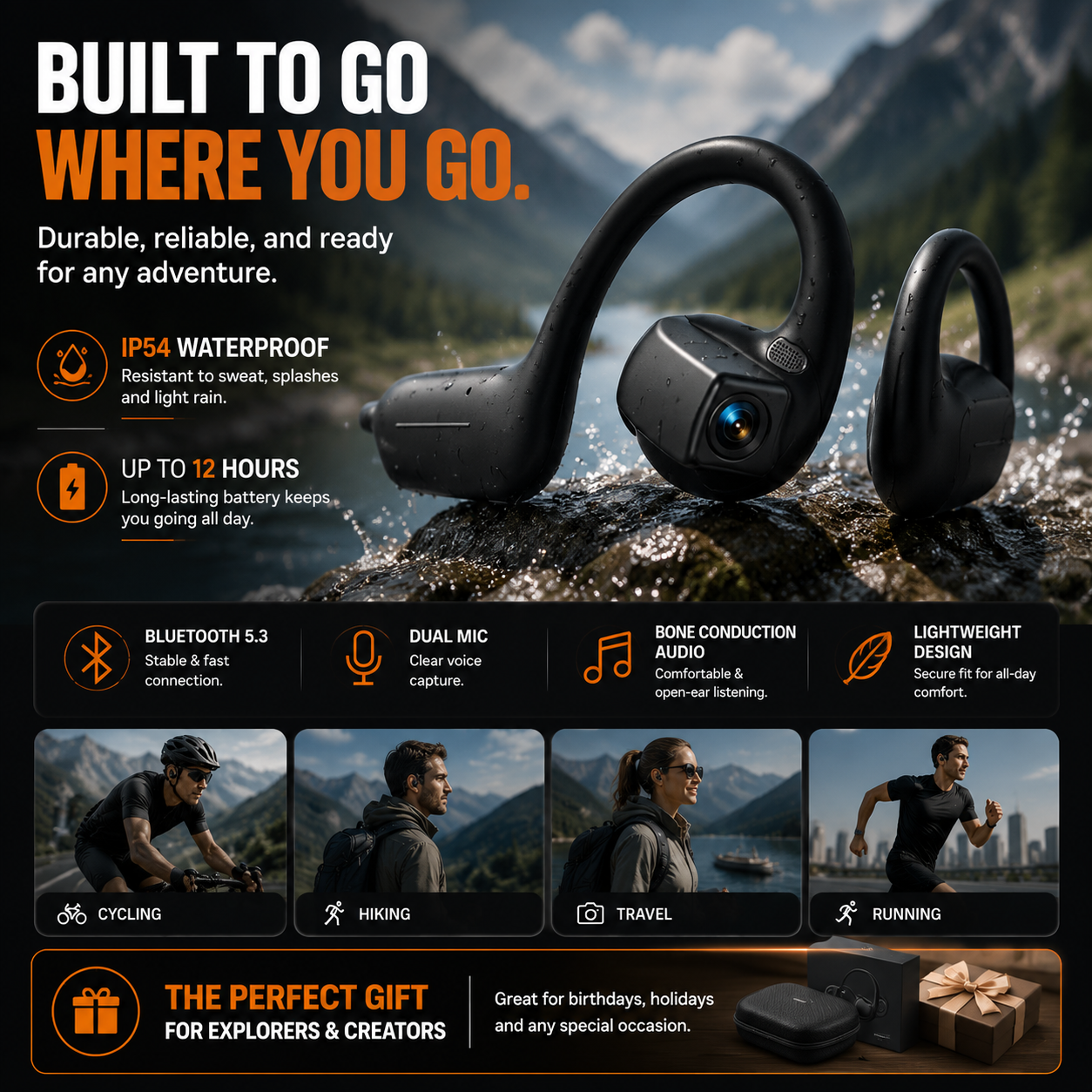 IP54 smart camera headset for cycling hiking travel and running