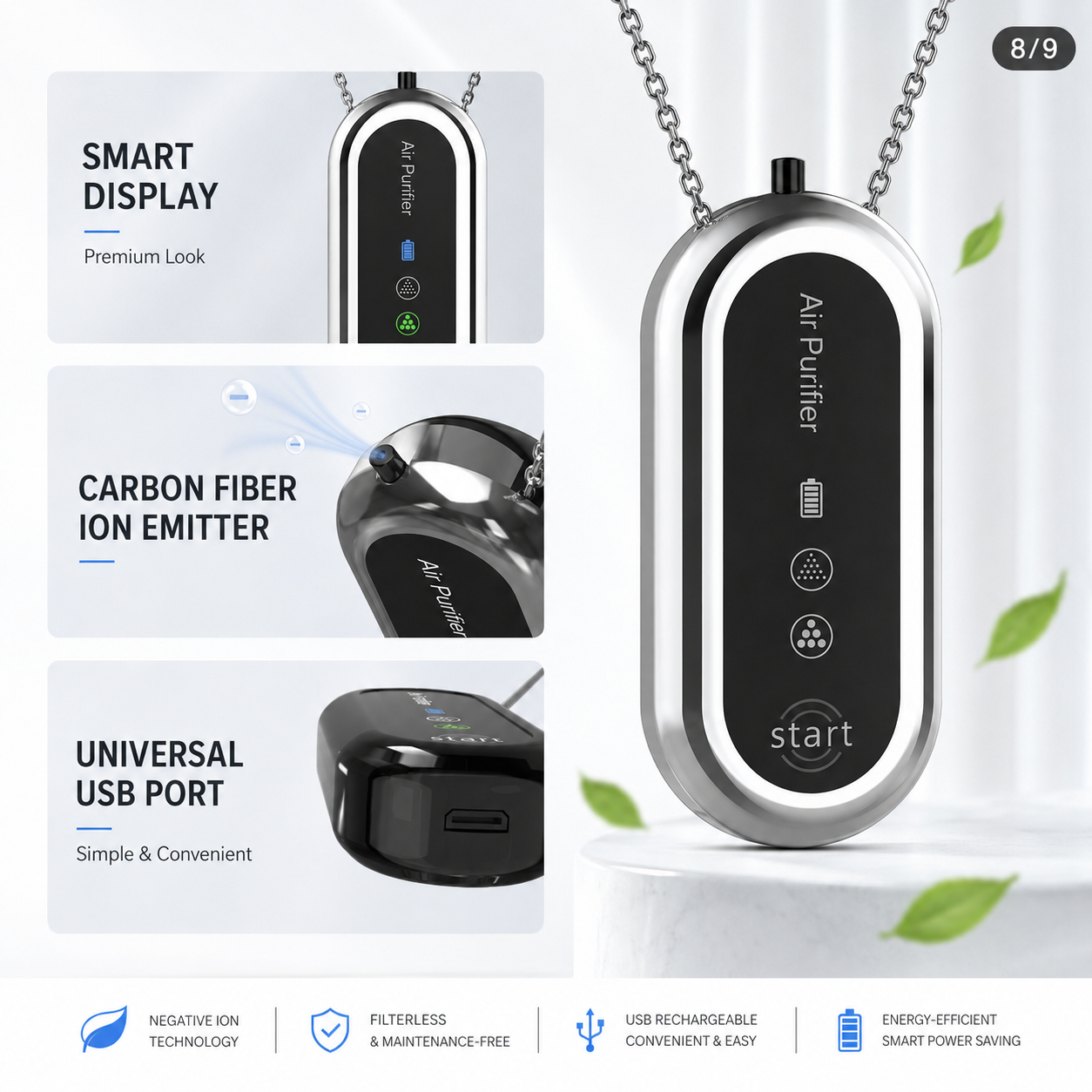Wearable Negative Ion Personal Air Purifier – Two-Mode Rechargeable Necklace