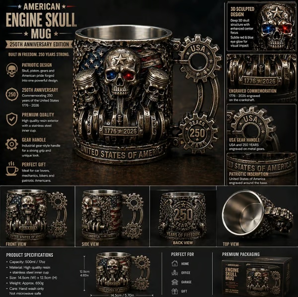 💀⚙️ Engine Skull Mug — 250th anniversary Patriotic Commemorative Edition