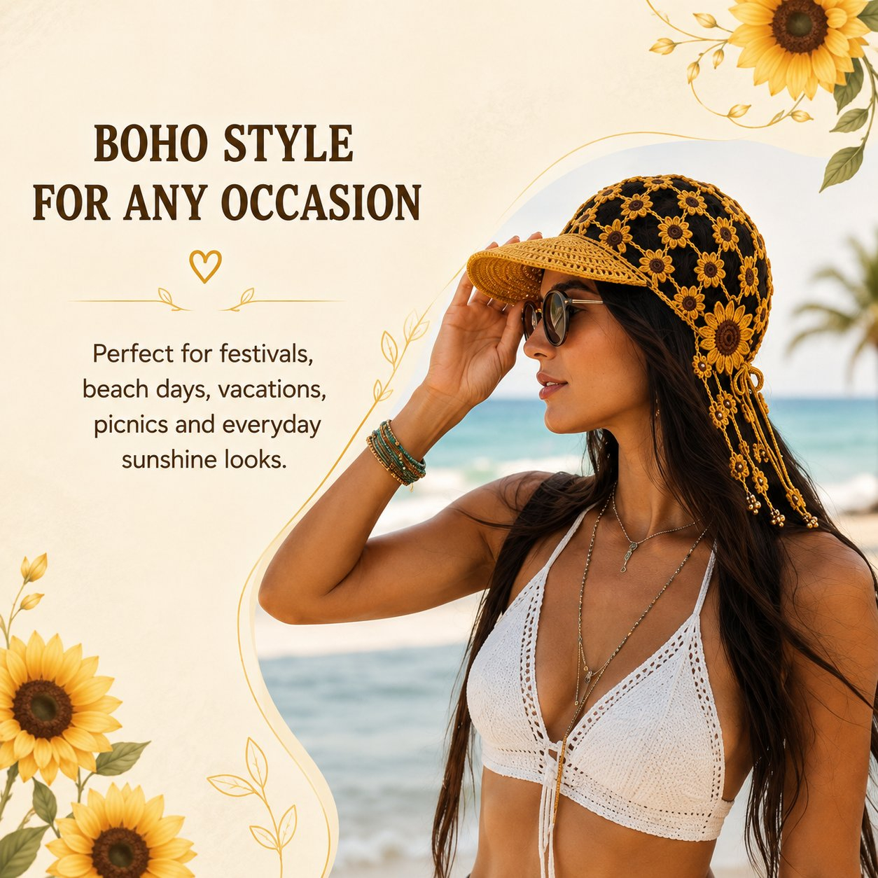 🌻Women’s Handmade Crochet Sunflower Baseball Cap – Hollow-Out Boho Summer Sun Hat with Decorative Tassels