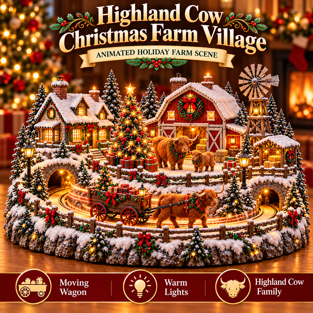 Animated Highland Cow Christmas Farm Village with red barn, snowy trees and moving wagon
