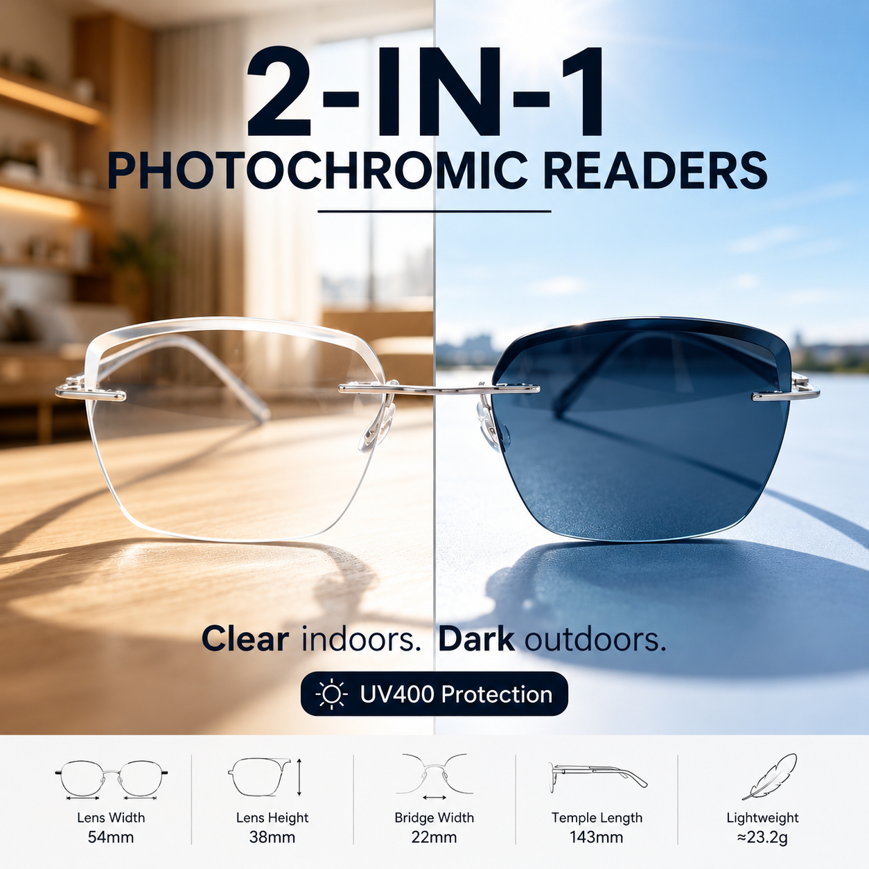 2-in-1 Photochromic Rimless Reading Glasses – UV400, Blue-Light Filtering & Low-Distortion Clarity