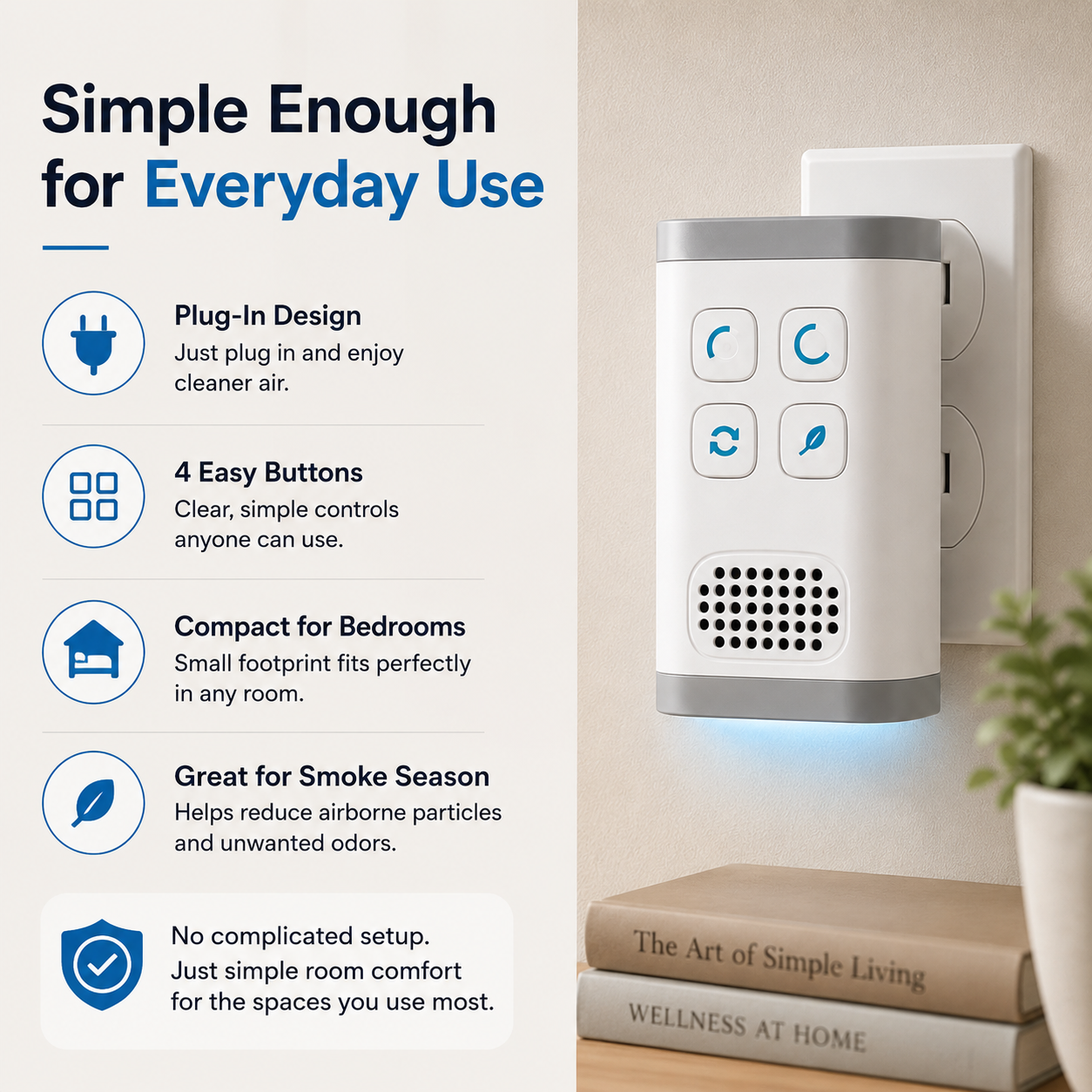 Compact Plug-In Ionic & Ozone Air Purifier, Filter-Free Room Comfort