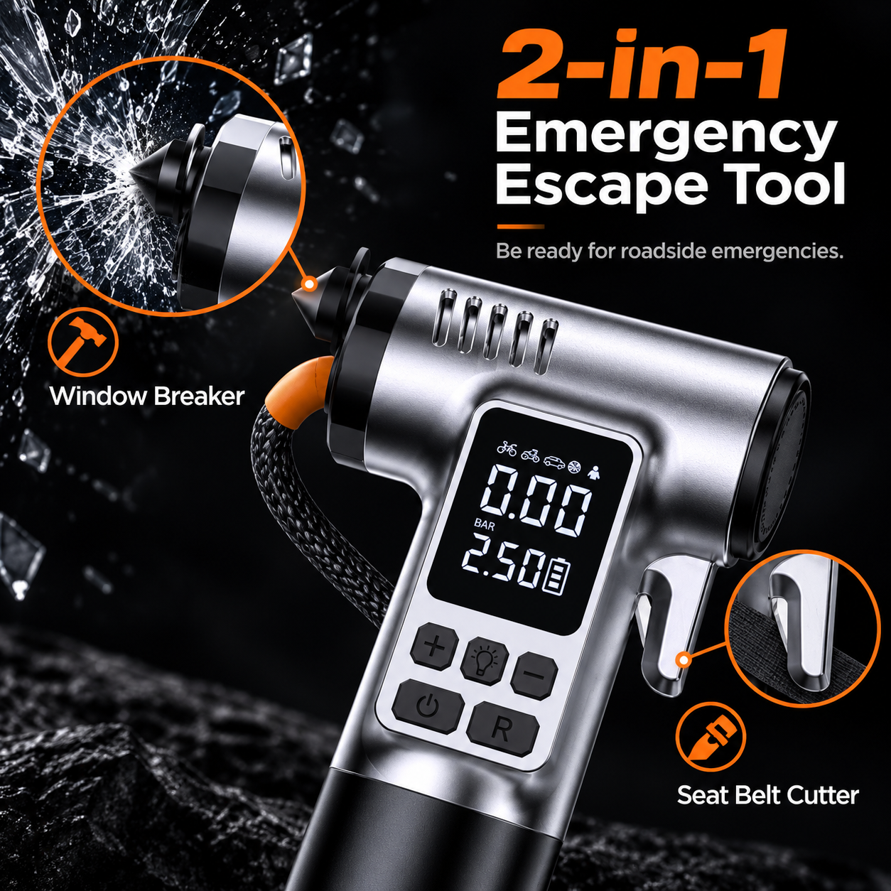 Wireless Tire Inflator With Emergency Escape Tools