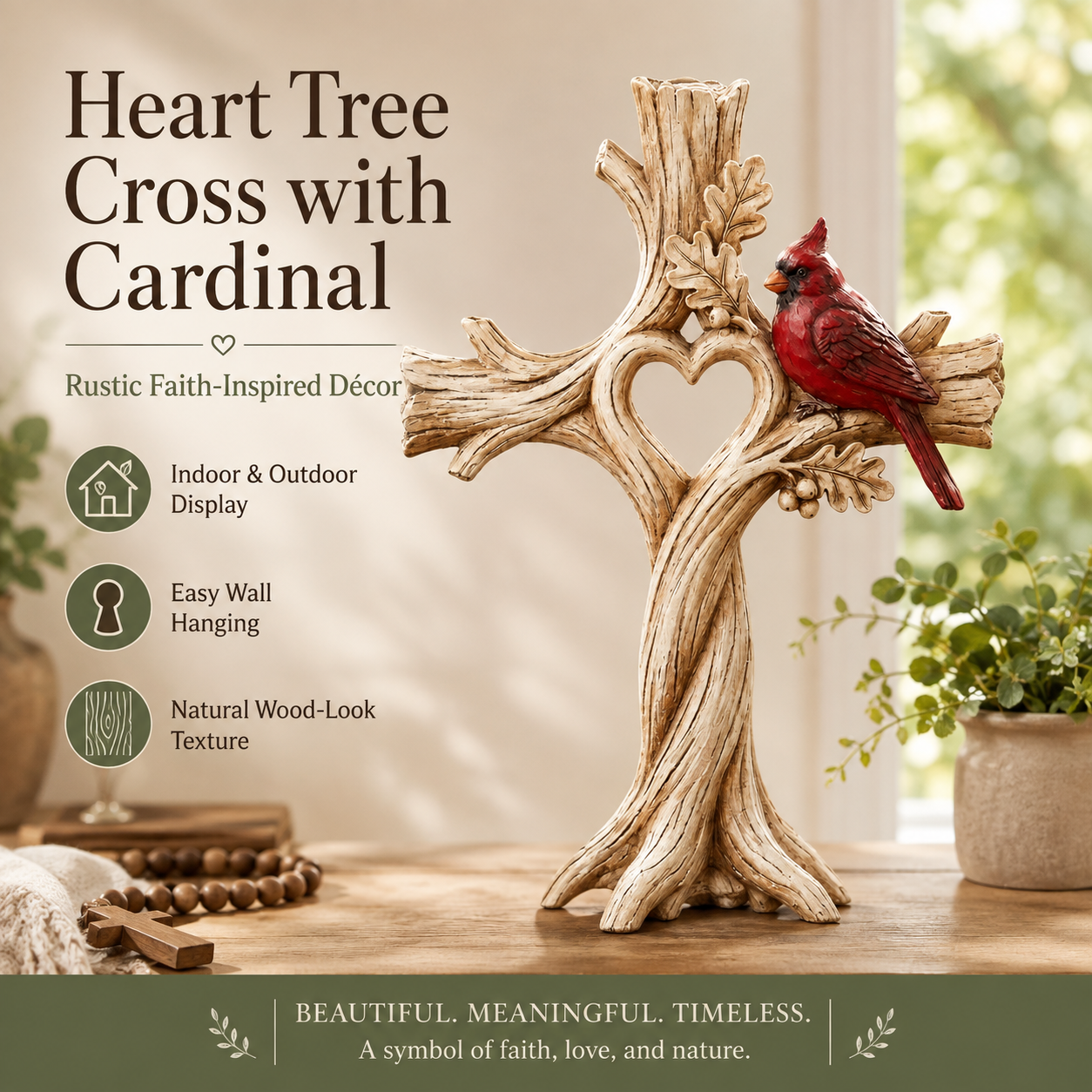 Carved Solid Wood Cardinal Heart Tree Cross