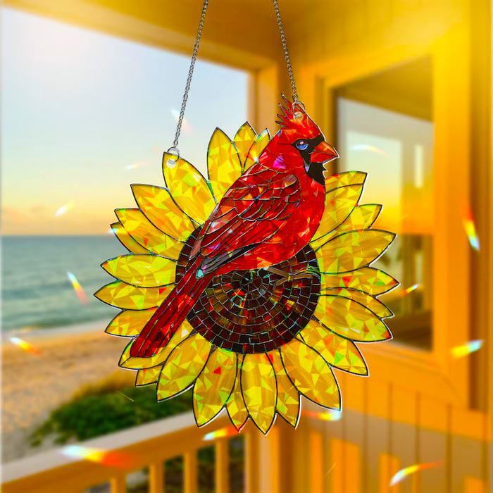 Cardinal & Sunflower Stained Glass Suncatcher