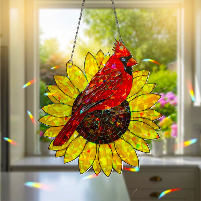 Cardinal & Sunflower Stained Glass Suncatcher