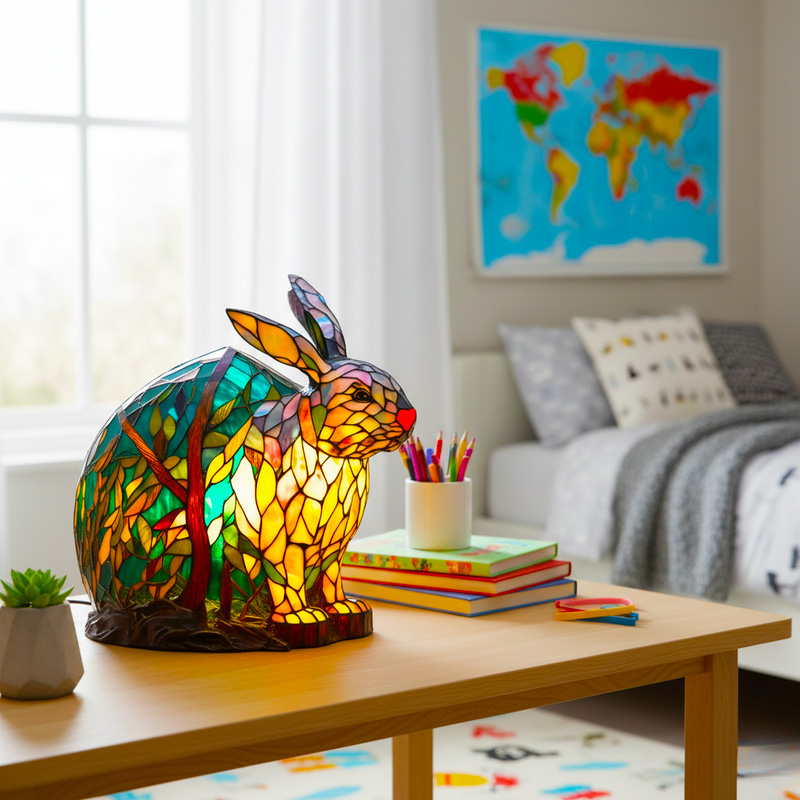 Tiffany Stained Glass Style Forest Bunny Lamp