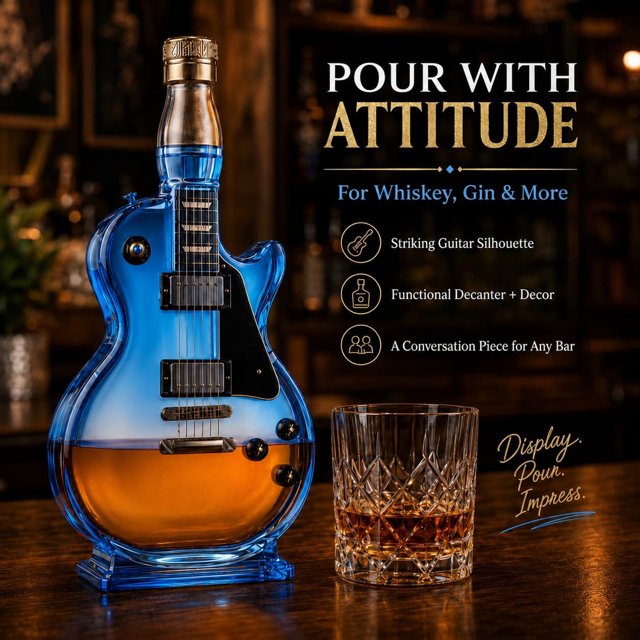 🎸Electric Guitar-Shaped Glass Decanter – Ice-Blue Borosilicate Crystal Art Bottle with Stand