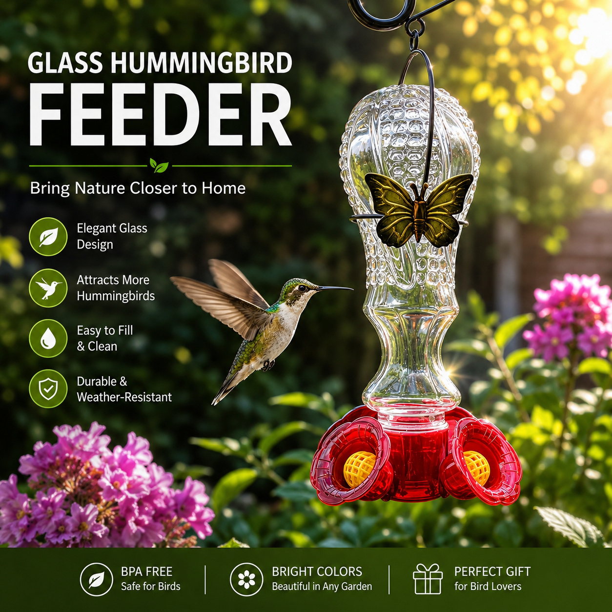 Glass Hummingbird Feeder Perfect for Garden Bird Lovers