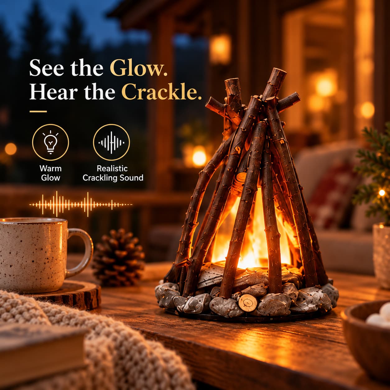 🔥 Mini Campfire Night Light – Real Wood & Stone LED Lamp with Crackling Fire Sounds