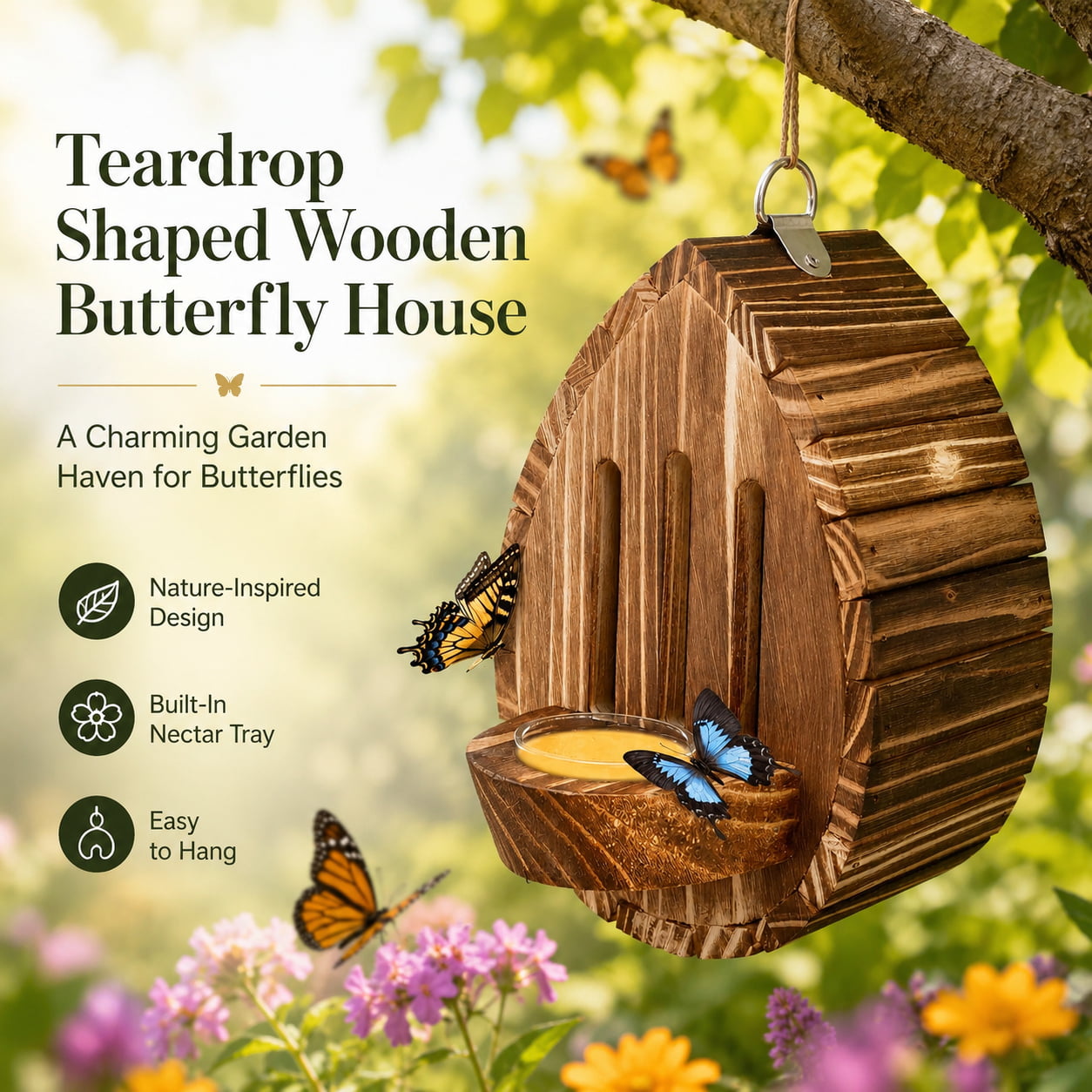 🦋Teardrop Shaped Wooden Butterfly House for Outdoor Garden