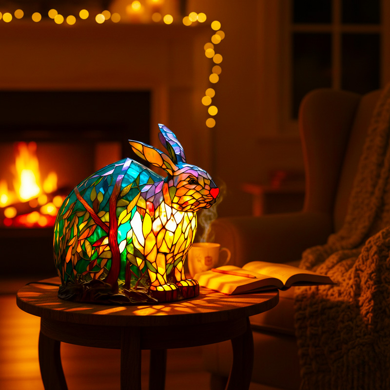Tiffany Stained Glass Style Forest Bunny Lamp