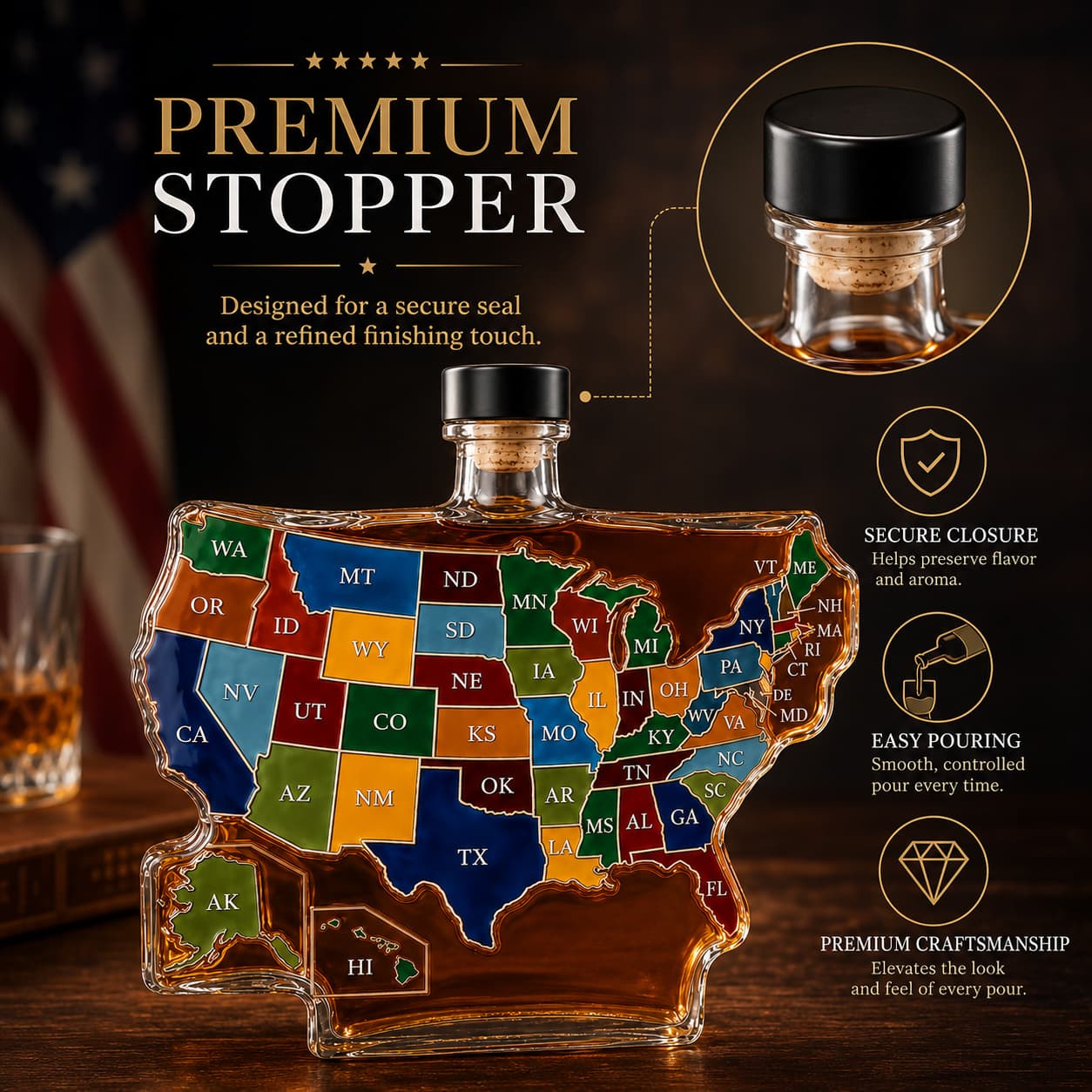 USA Map Whiskey Bottle – 50 States Patriotic Decanter | Unique Gift & Bar Decor