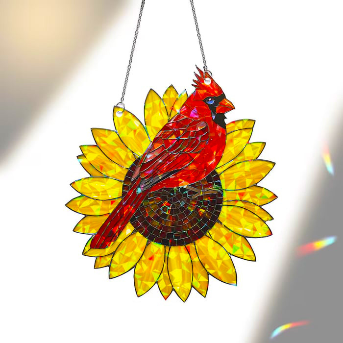 Cardinal & Sunflower Stained Glass Suncatcher