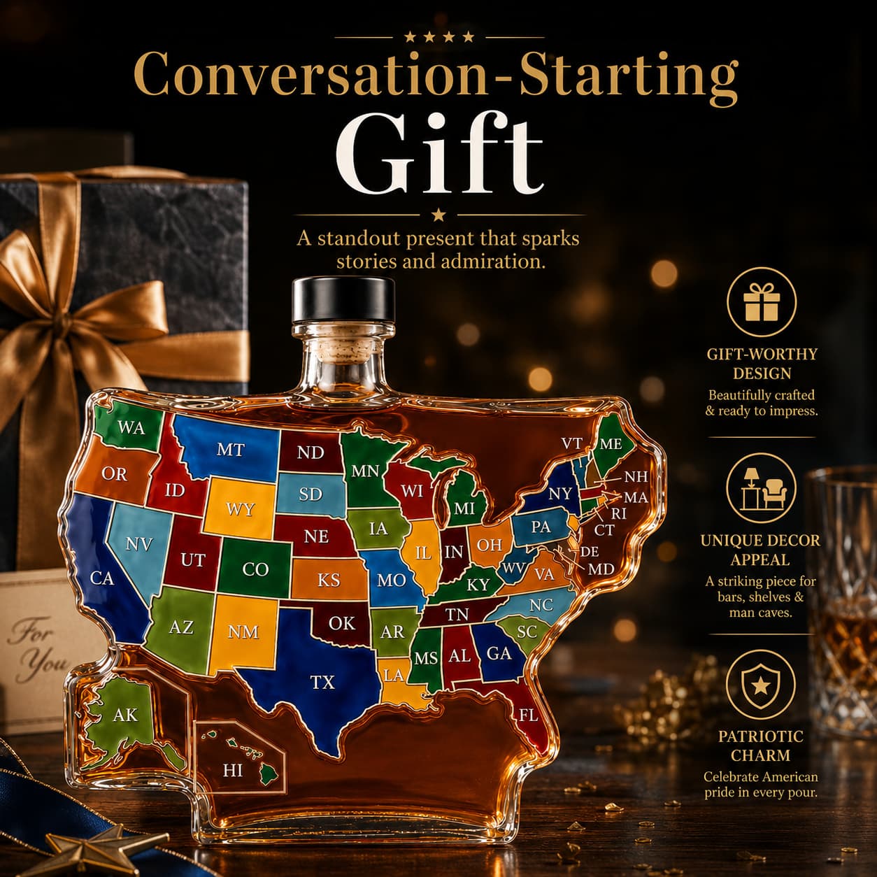 USA Map Whiskey Bottle – 50 States Patriotic Decanter | Unique Gift & Bar Decor