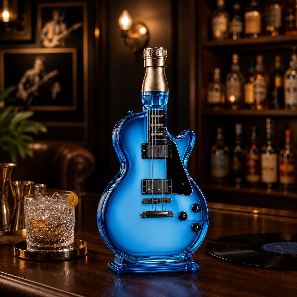 🎸Electric Guitar-Shaped Glass Decanter – Ice-Blue Borosilicate Crystal Art Bottle with Stand