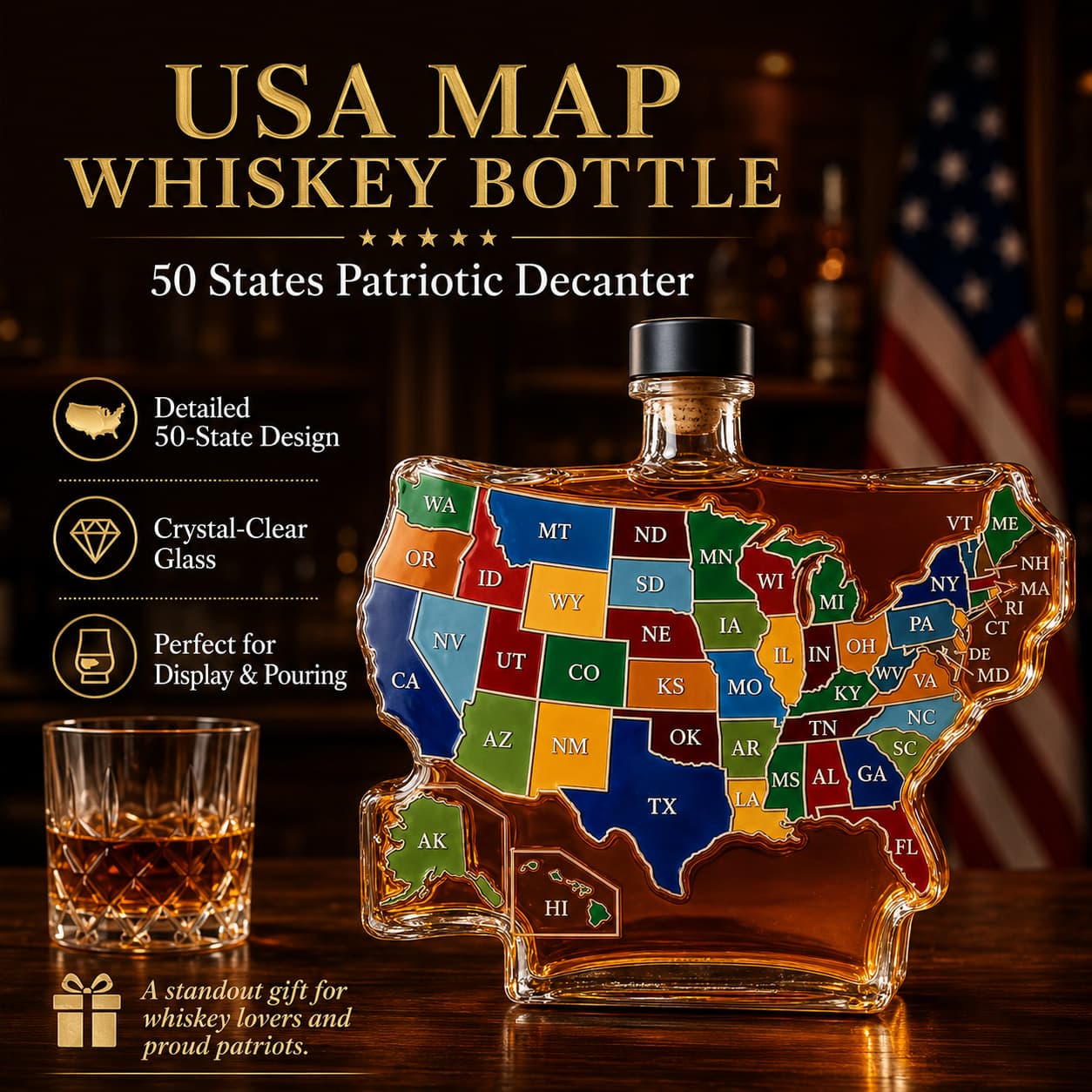 USA Map Whiskey Bottle – 50 States Patriotic Decanter | Unique Gift & Bar Decor