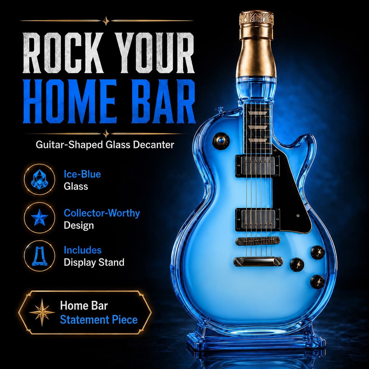 🎸Electric Guitar-Shaped Glass Decanter – Ice-Blue Borosilicate Crystal Art Bottle with Stand