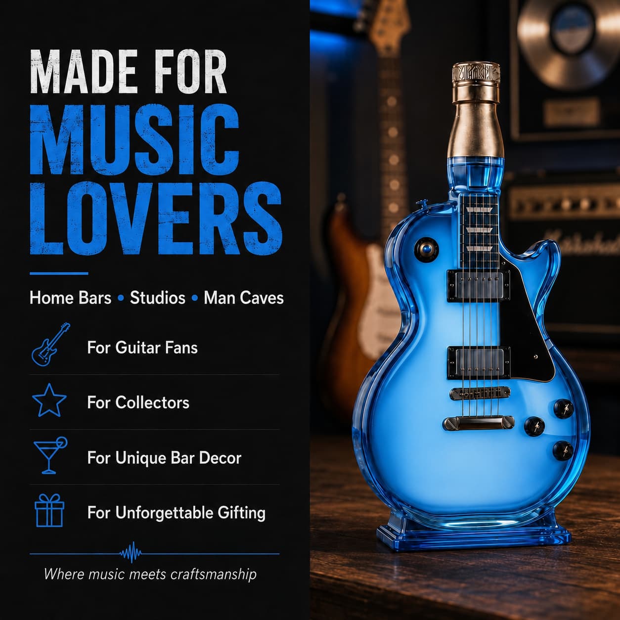 🎸Electric Guitar-Shaped Glass Decanter – Ice-Blue Borosilicate Crystal Art Bottle with Stand