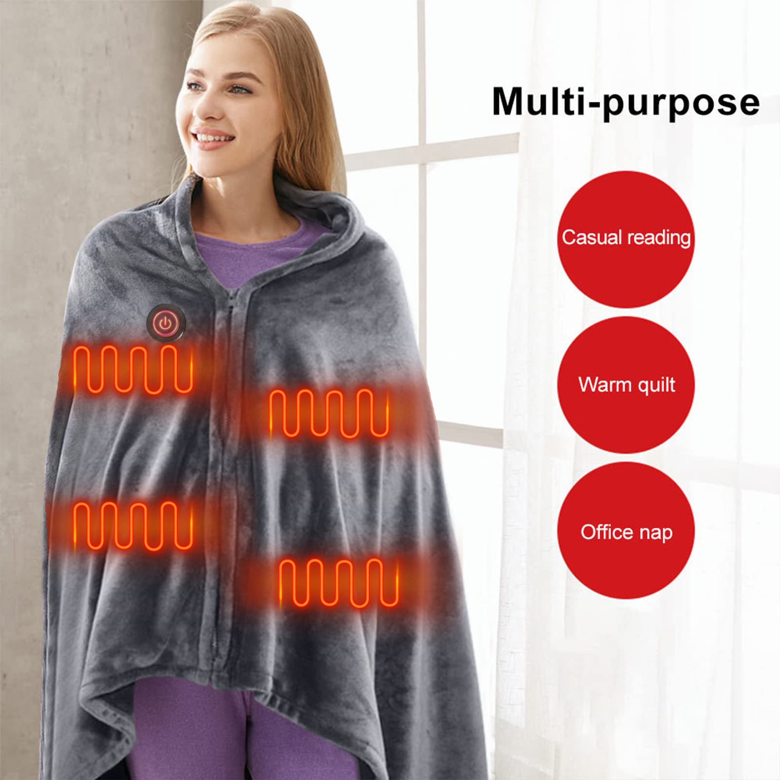 Portable Soft Zipper Electric Heated Blanket Shawl