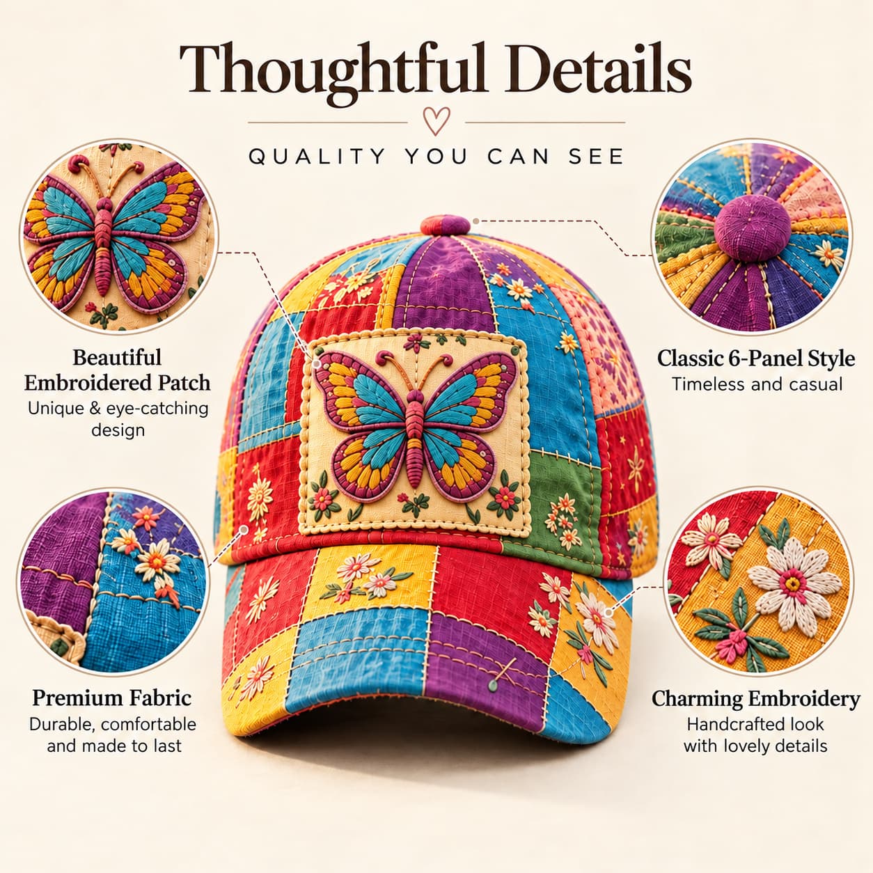 🦋Butterfly Patchwork Embroidered Cap