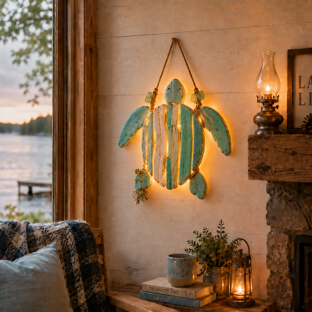 Sea Turtle coastal wall decor, lighted style (warm lights)