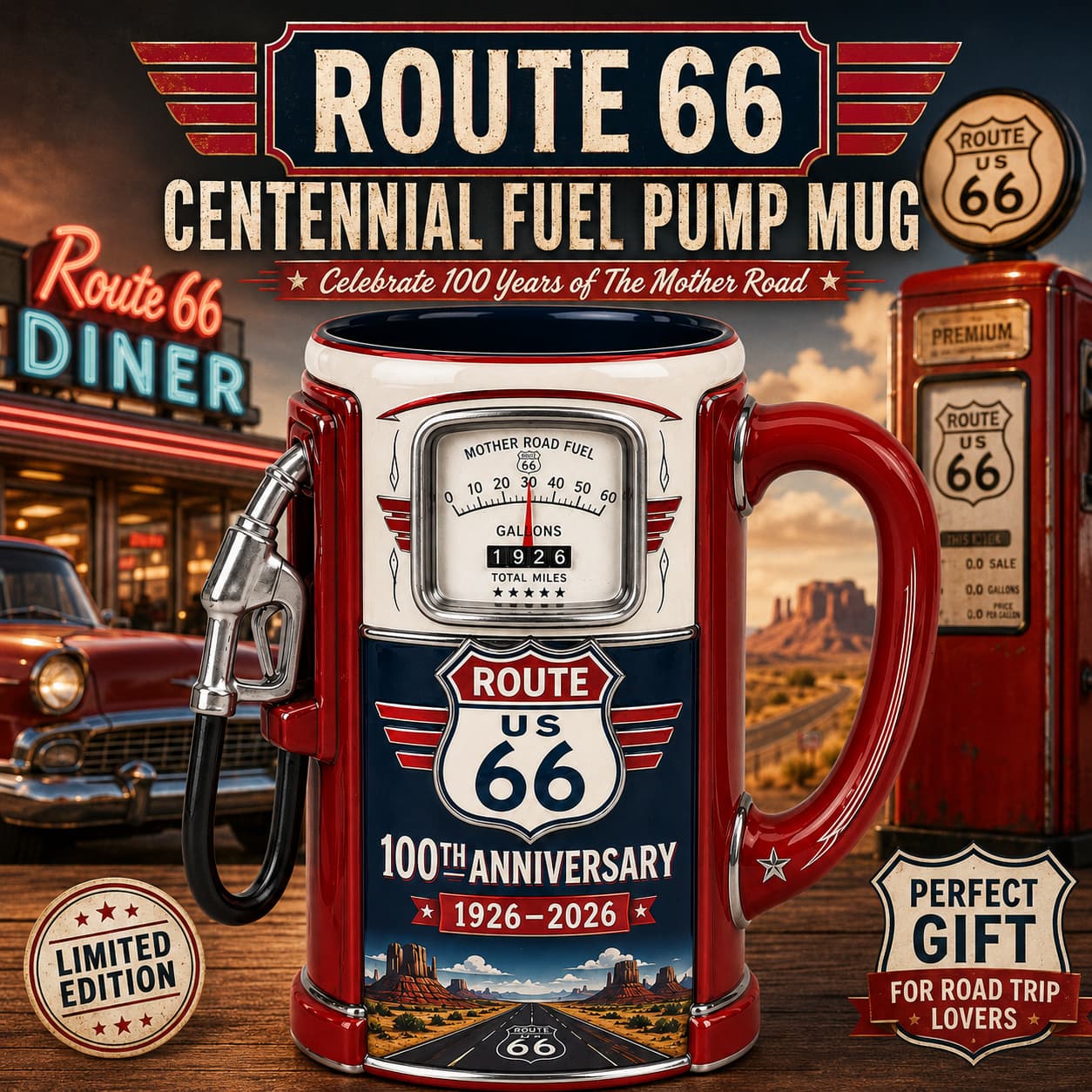 ⛽Route 66 Centennial Fuel Pump Mug（1926–2026）