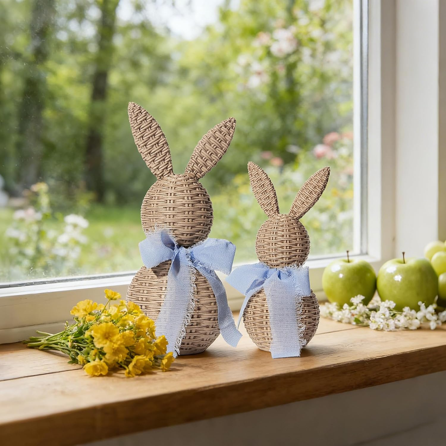 2Pcs Faux Wicker Easter Bunny Figurines
