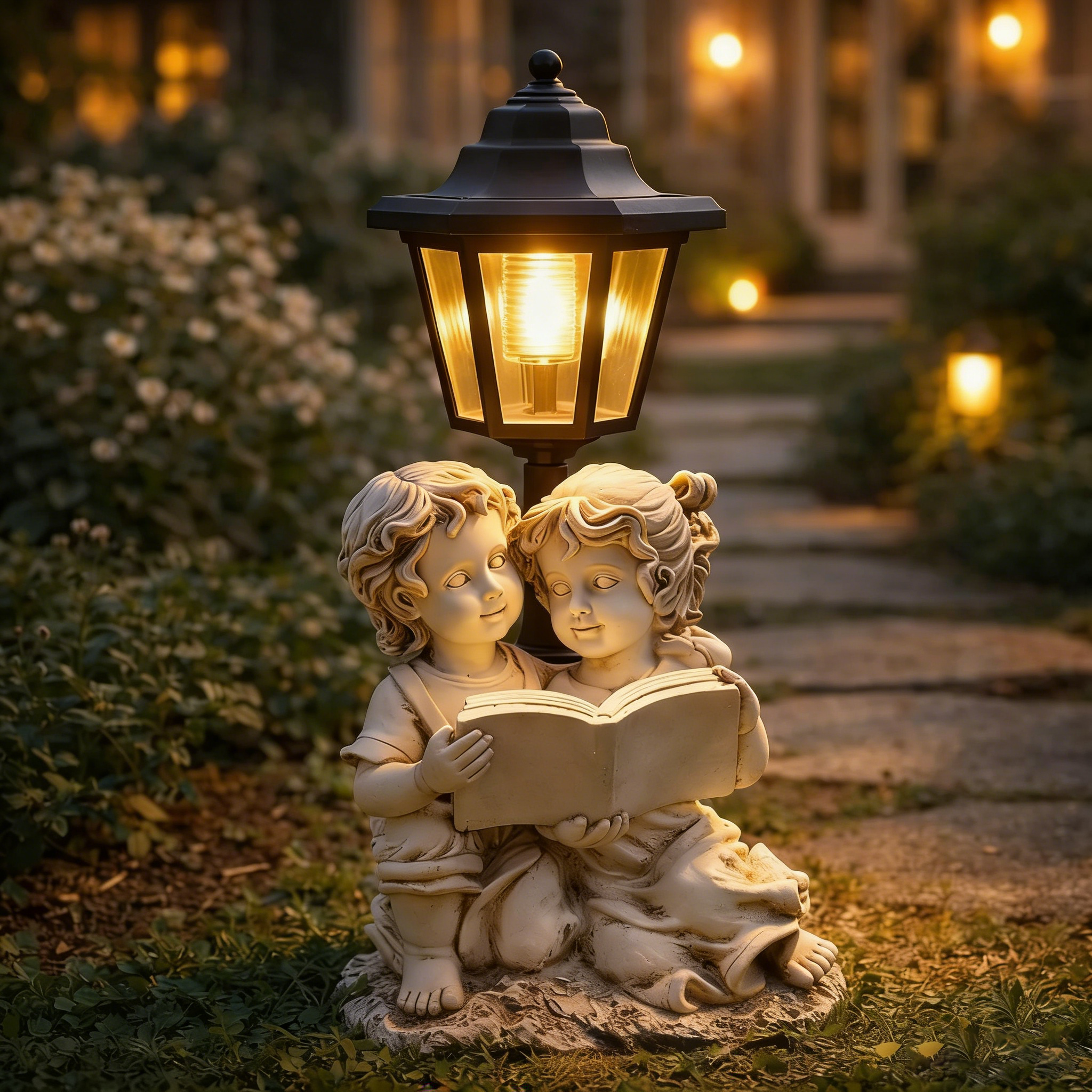 Solar Garden Light Resin Statue – Whimsical Outdoor Decor with Warm Glow