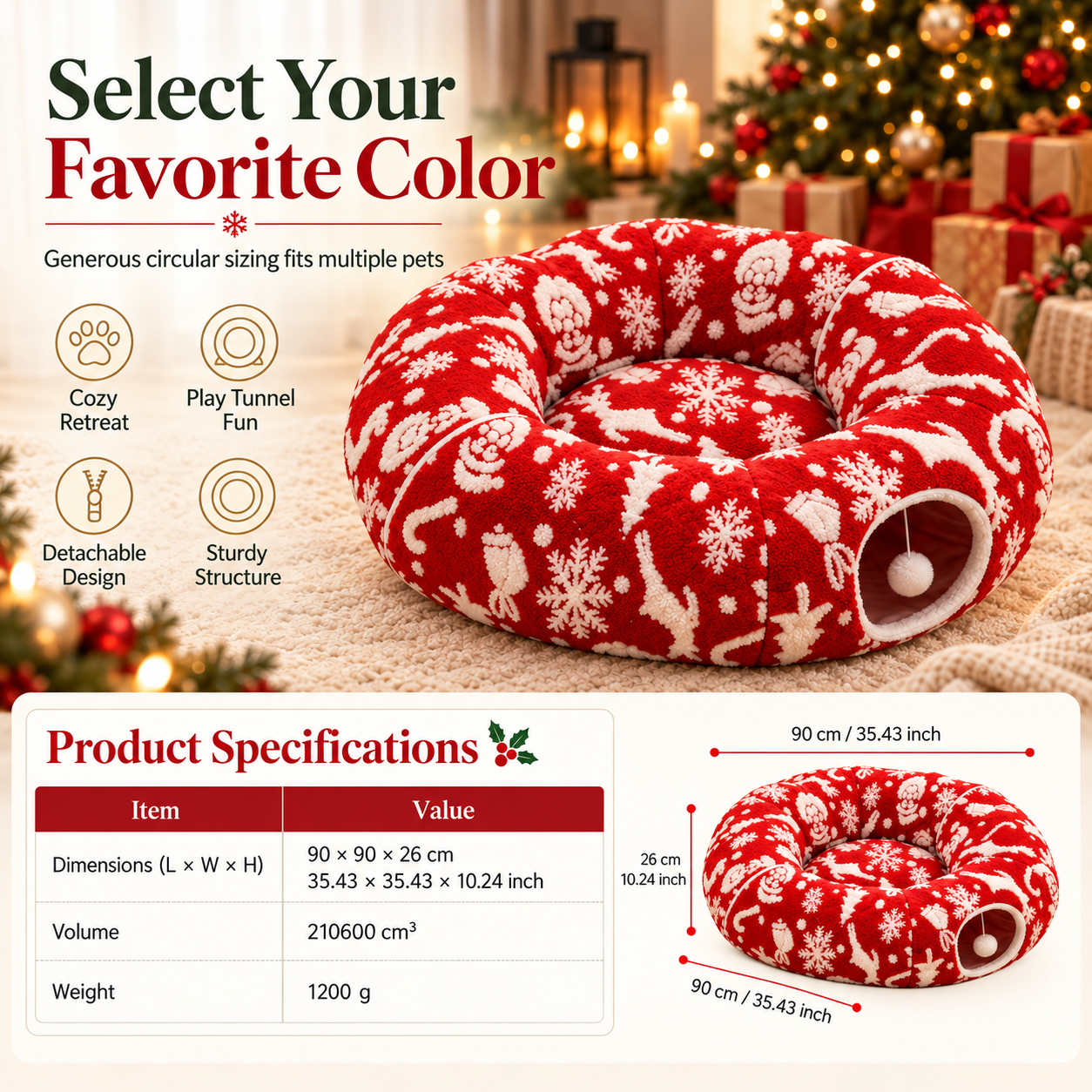 Christmas Cat Tunnel Bed & Tree Skirt – Foldable Plush Hideaway with Play Ball