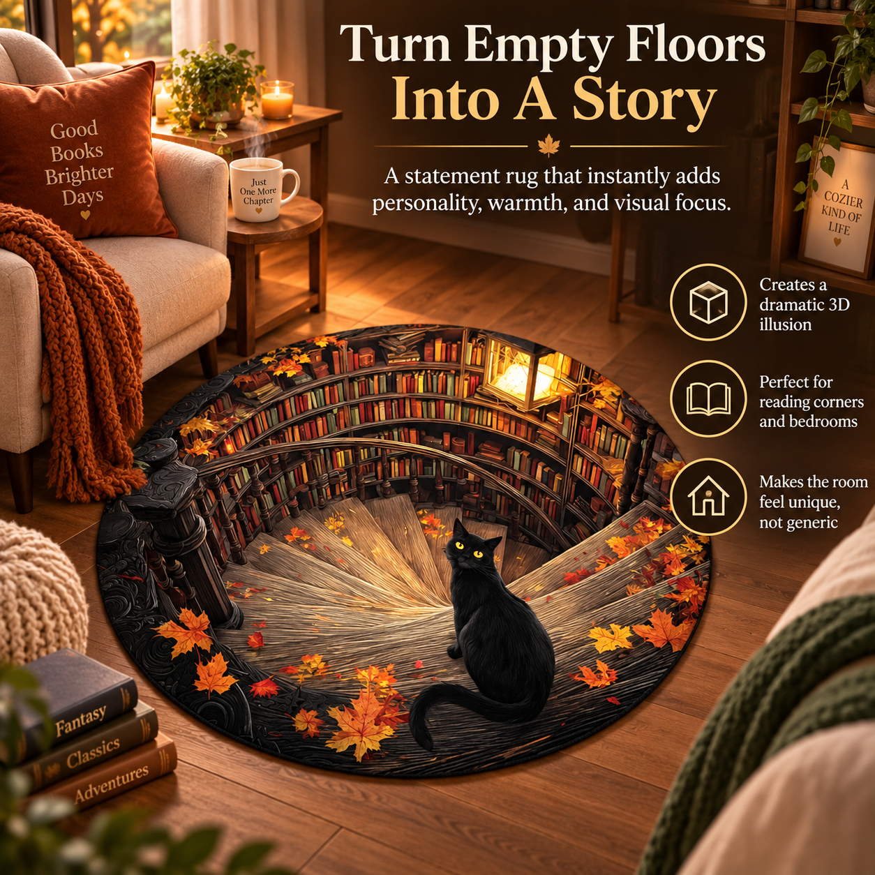 3D Black Cat Secret Library Illusion Rug