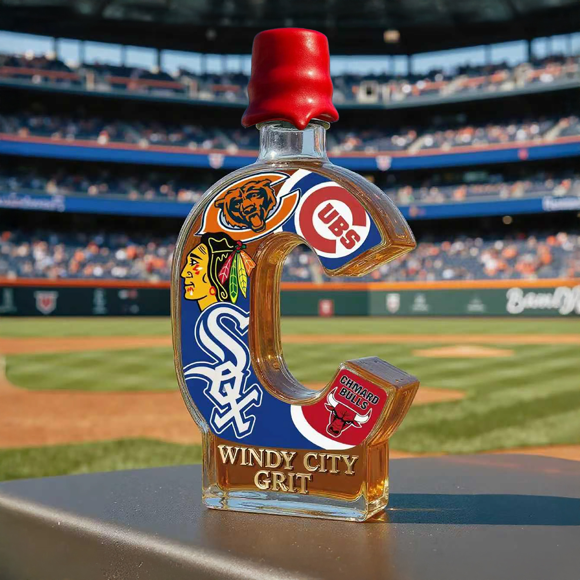 Chicago Sports Fans Windy City Grit Whiskey Bottle