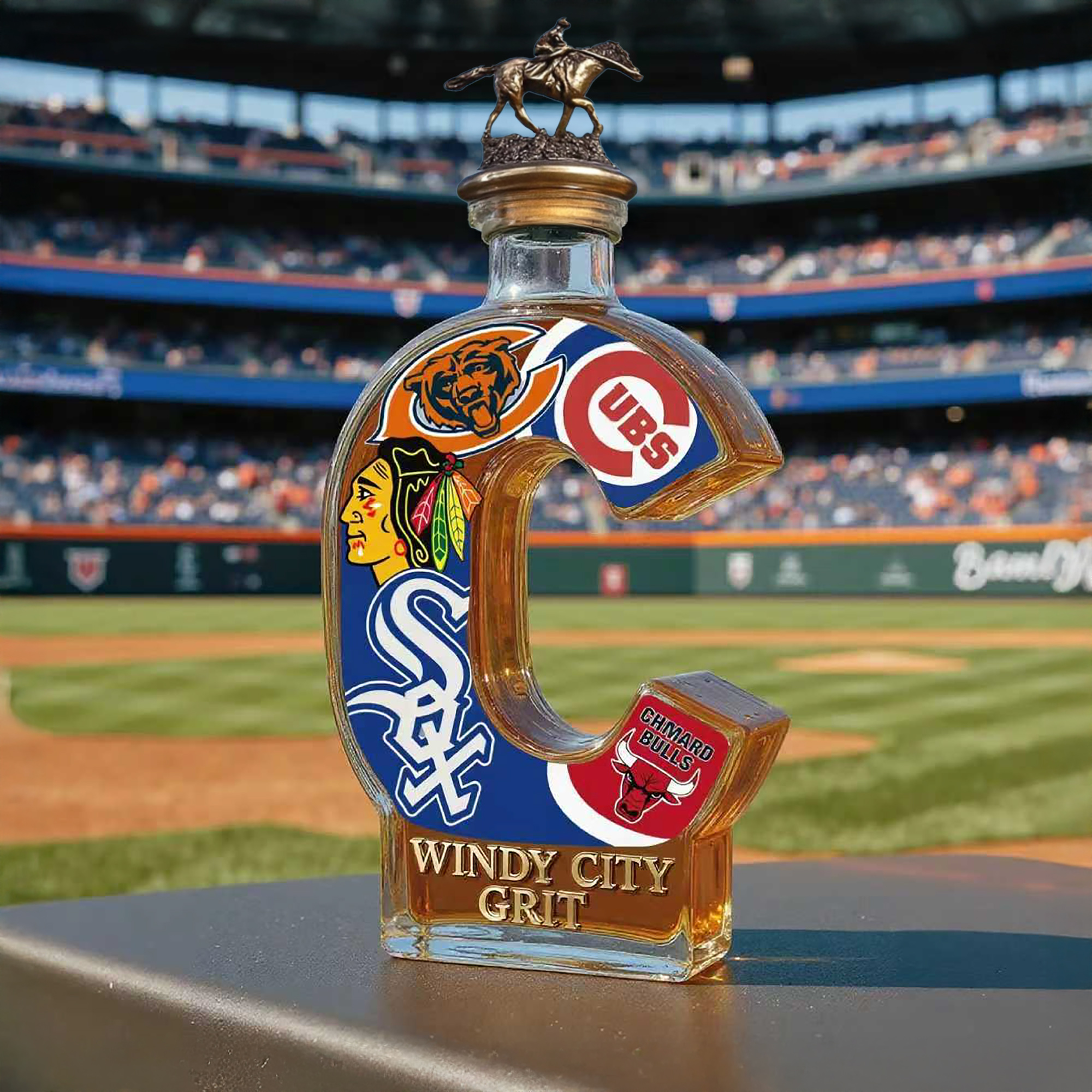 Chicago Sports Fans Windy City Grit Whiskey Bottle